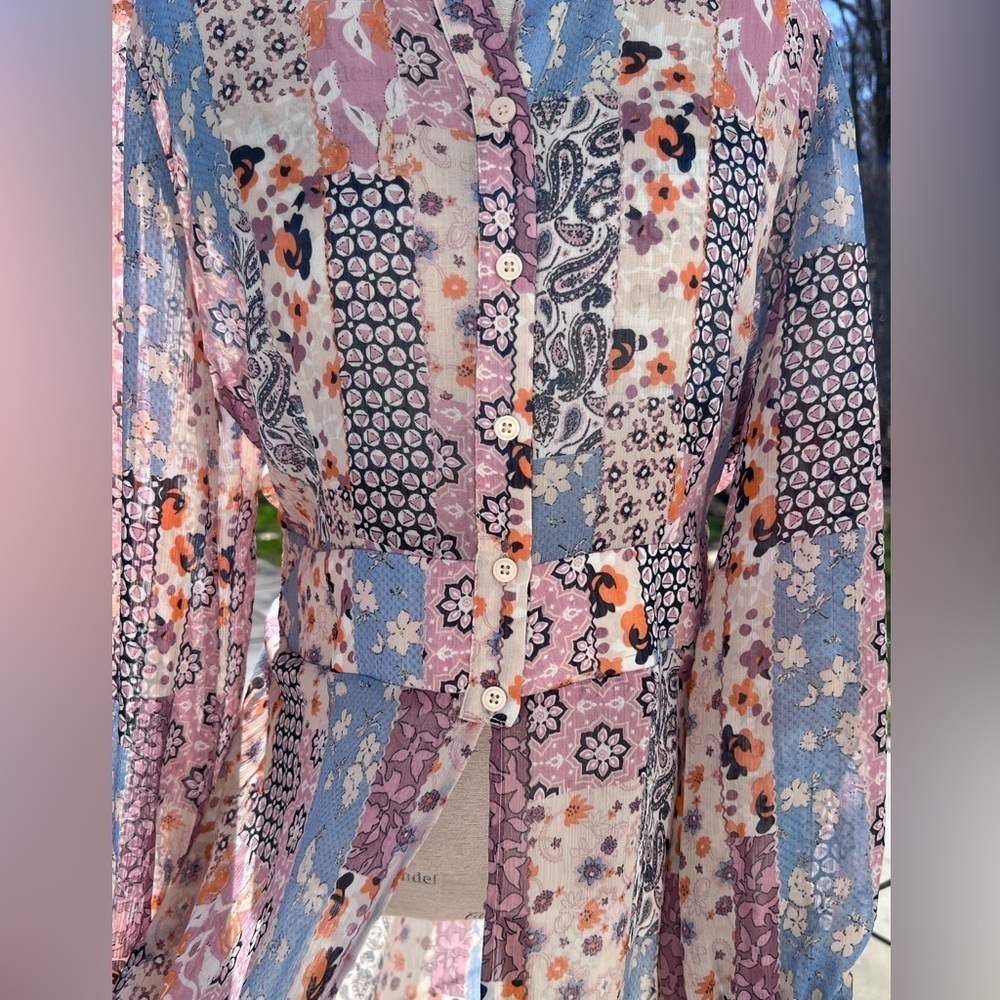 Sheer Patchwork 1/2 Button Up Duster Pink Blue G.I.L.I. Got It Love It Sz M - Picture 7 of 8